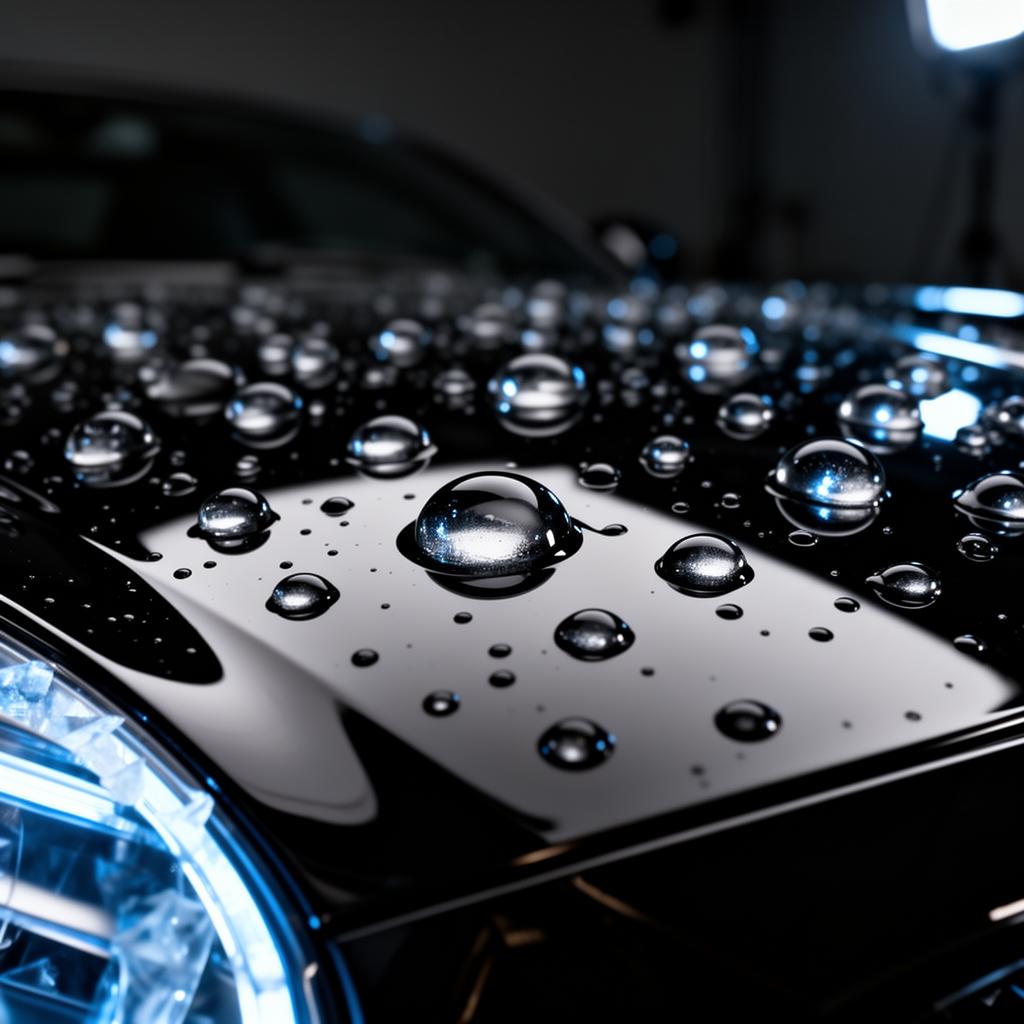 Water beads on a freshly ceramic-coated black supercar hood
